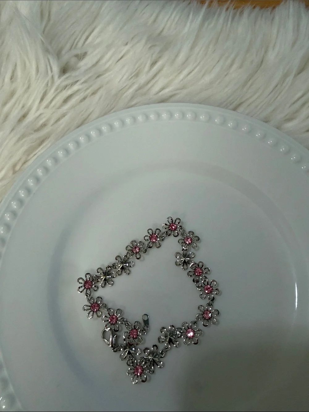 Silver Floral Bracelet with Pink Crystal Accents